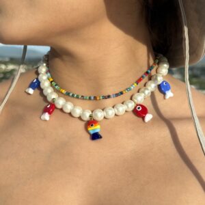 Collar de perlas con peces doble